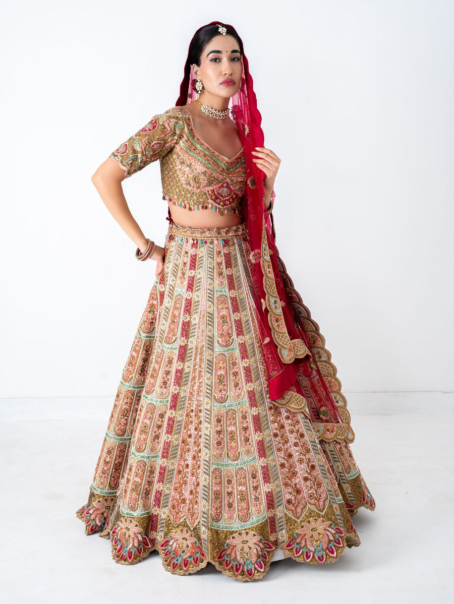 Rose multicolour bridal lehenga, full length