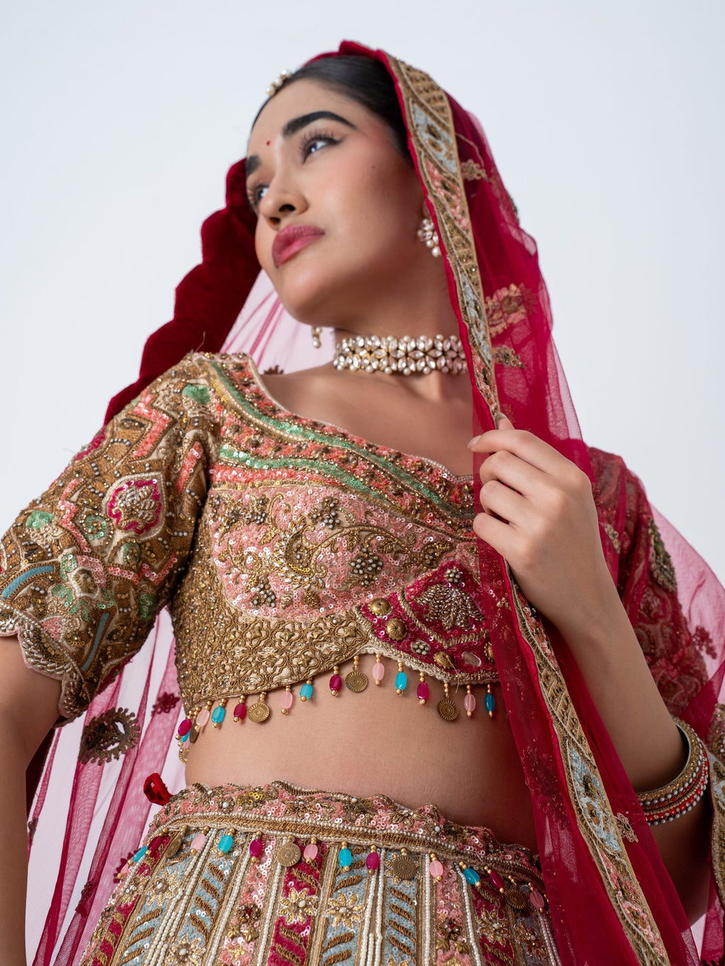Rose multicolour bridal lehenga, waist up