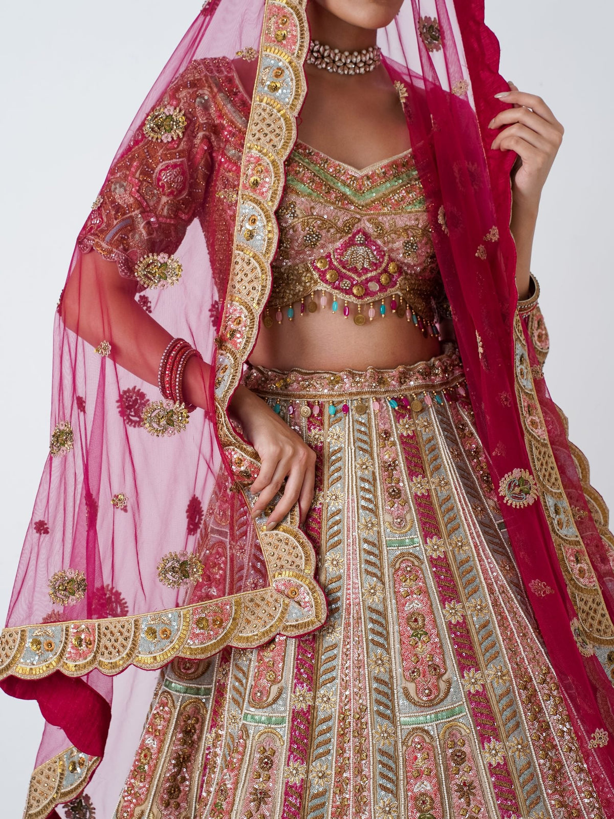 Rose multicolour bridal lehenga, waist up