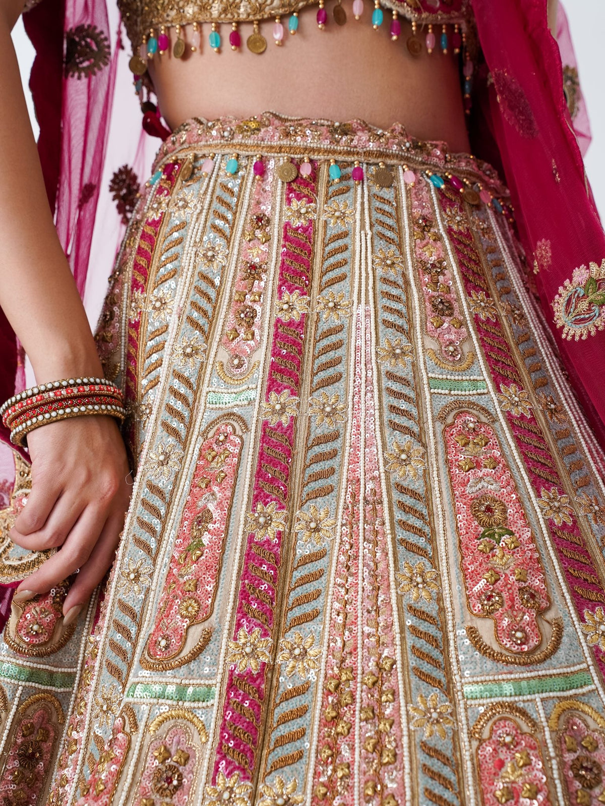 Rose multicolour bridal lehenga, skirt embroidery close-up