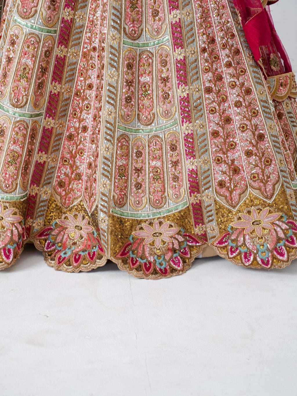 Rose multicolour bridal lehenga, hem close-up