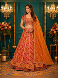 Rust and red lehenga with gold zari buttis, scalloped gota hem and orange dupatta