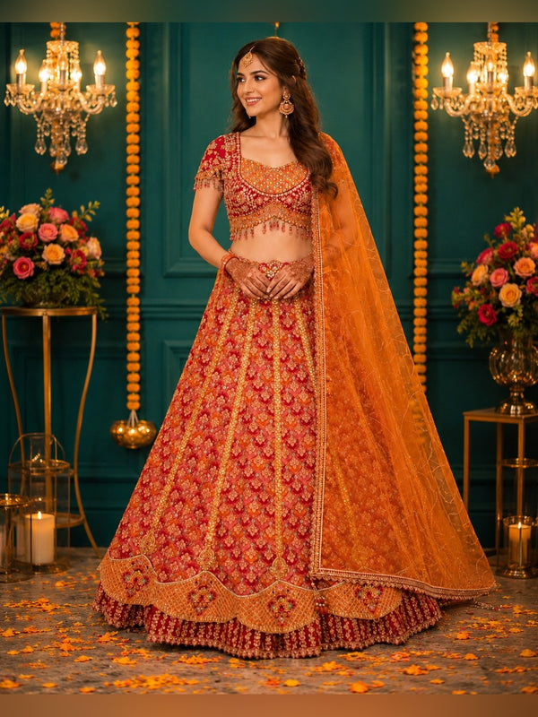 Rust and red lehenga with gold zari buttis, scalloped gota hem and orange dupatta
