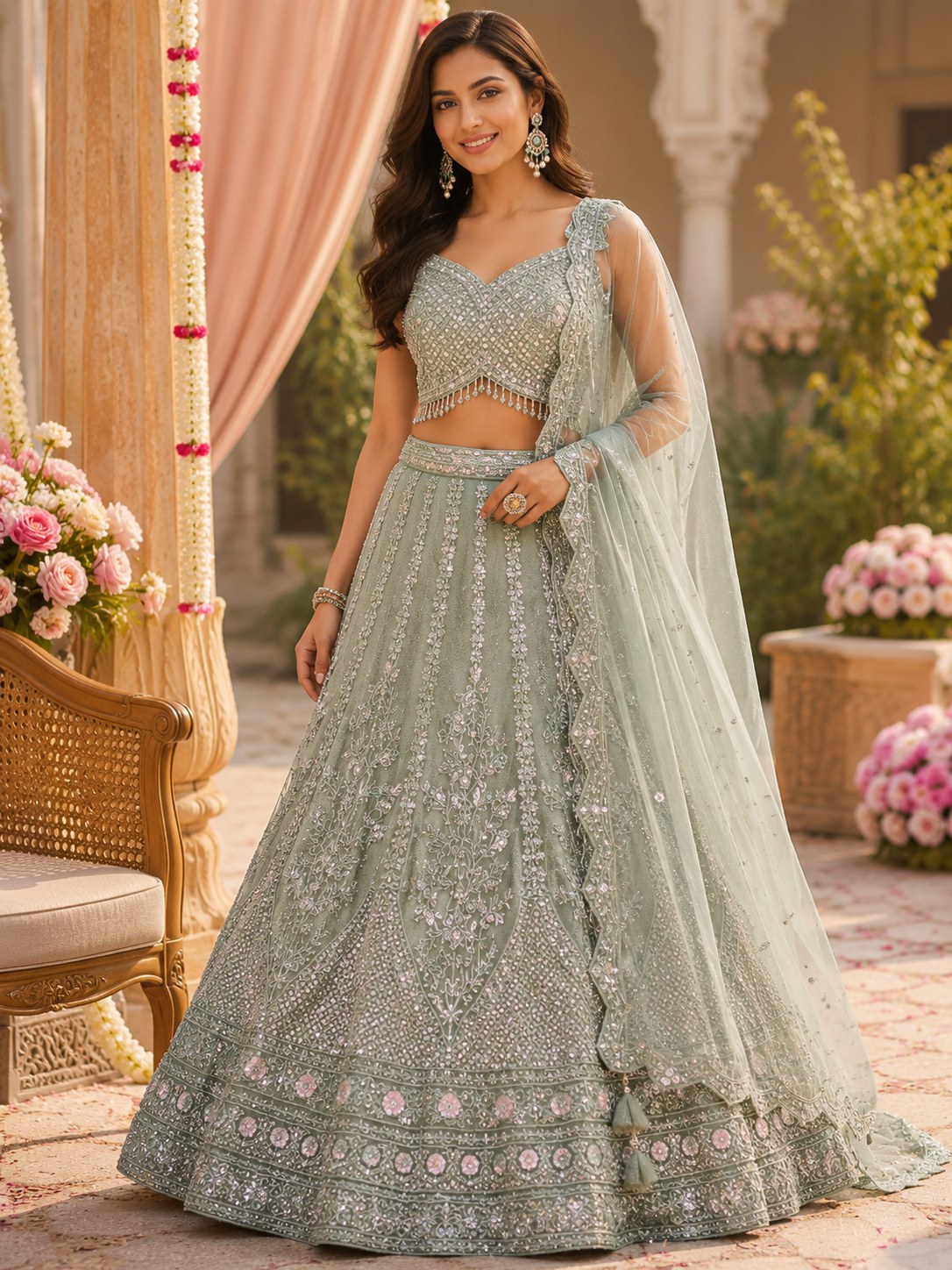 Sage green lehenga with dense mirror embroidery