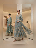Sage blue anarkali with gold zari border and palazzo