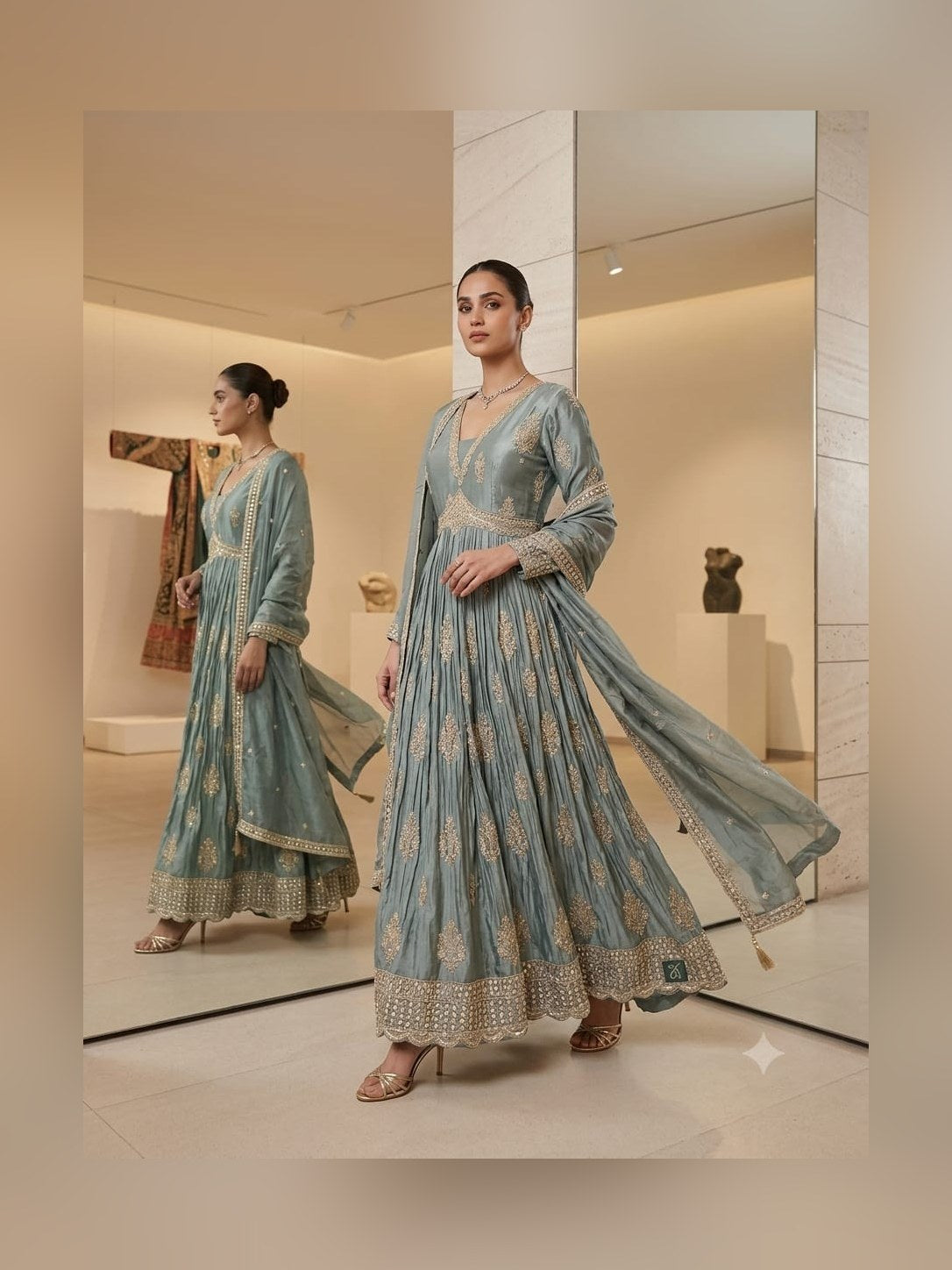 Sage blue anarkali with gold zari border and palazzo