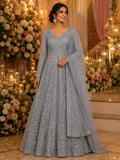 Silver grey anarkali with dense silver embroidery