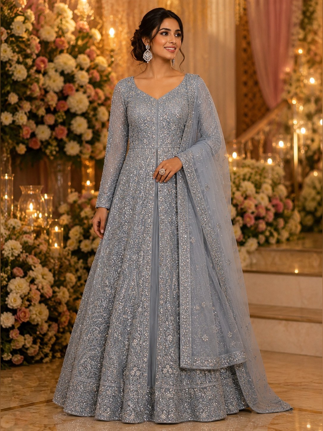 Silver grey anarkali with dense silver embroidery