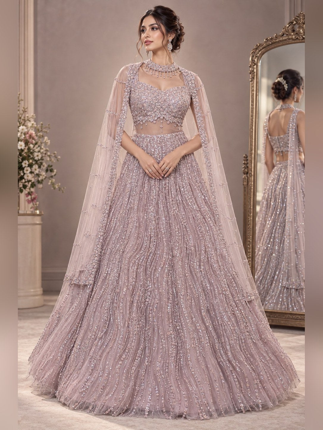 Lilac lehenga with all-over silver sequin work