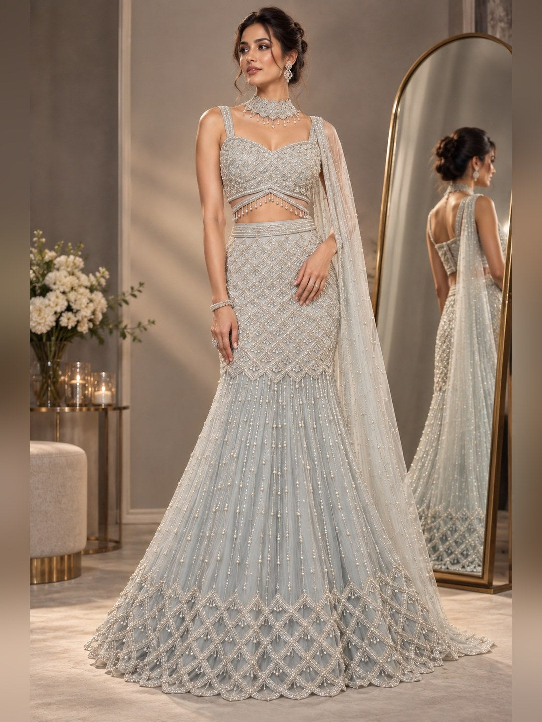 Silver grey fishtail lehenga with pearl jaal work
