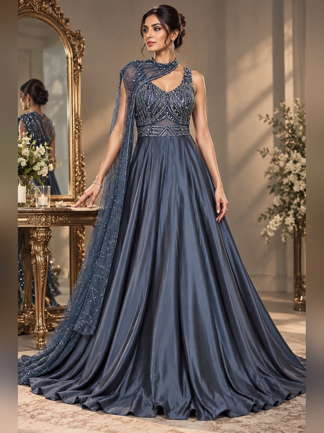 Steel Blue Satin Ball Gown