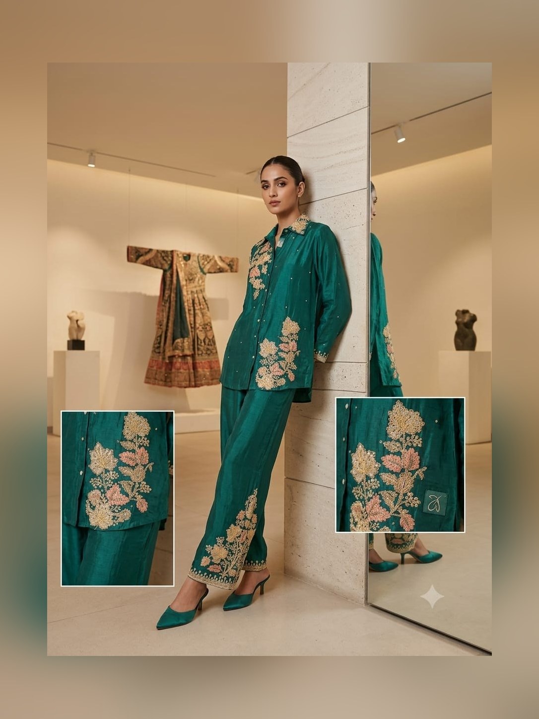 Teal embroidered silk shirt with matching trousers