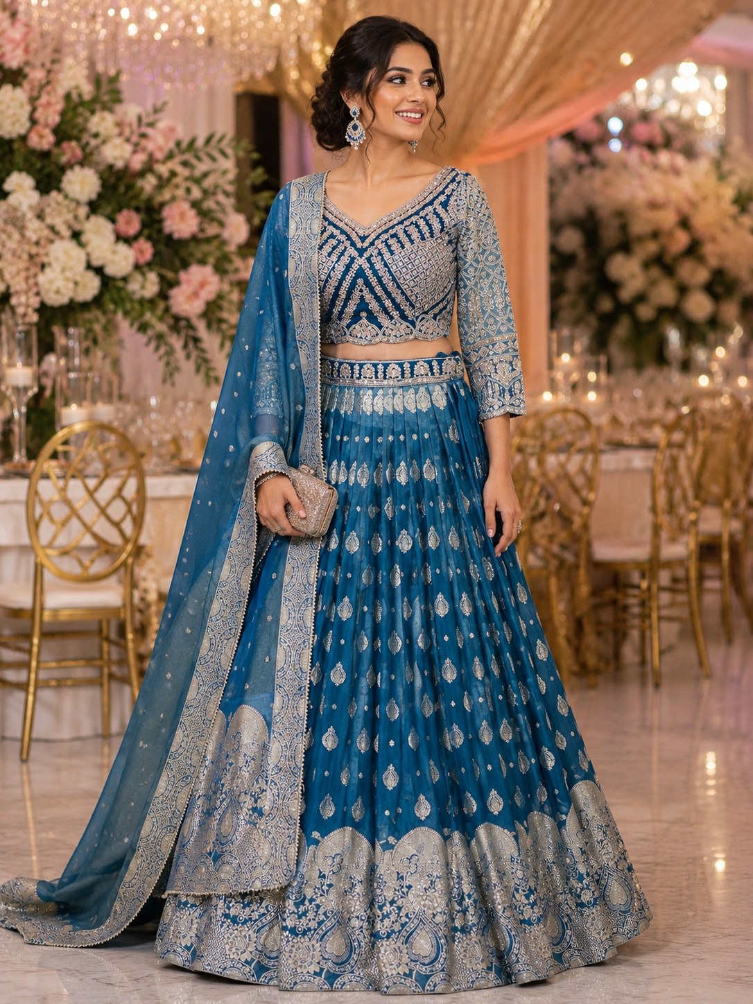 Teal blue lehenga with silver zari buti and heavy border