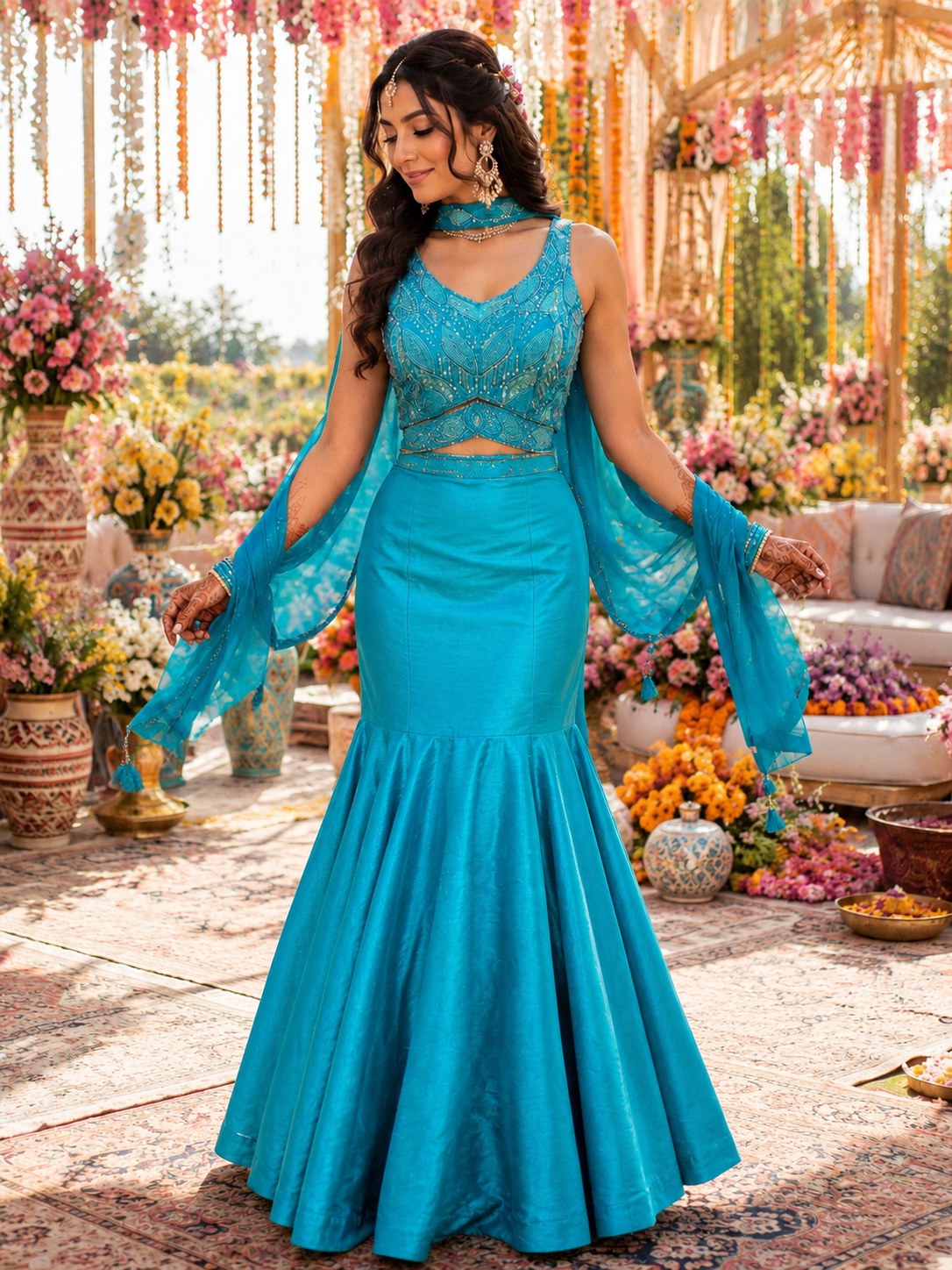 Turquoise fishtail lehenga with sheer cape sleeves