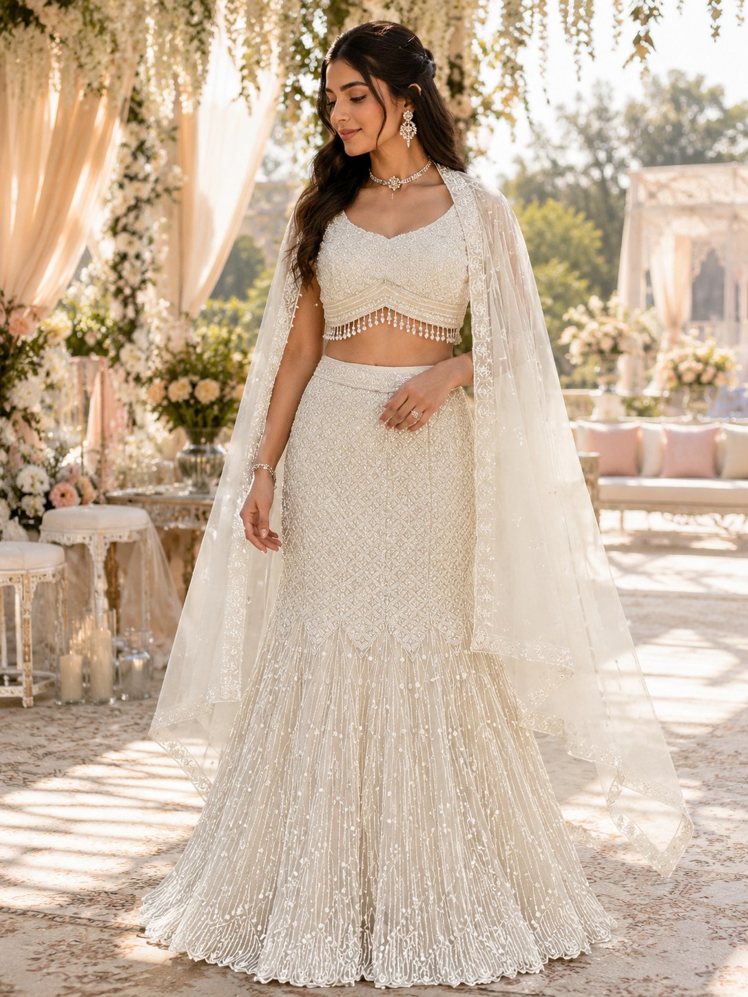 Ivory mermaid lehenga with all-over pearl work