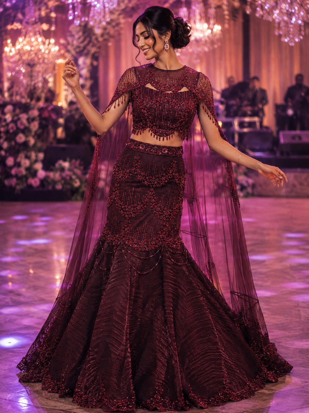 Wine fishtail lehenga with attached sheer cape