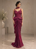 Wine peplum top with gathered draped skirt