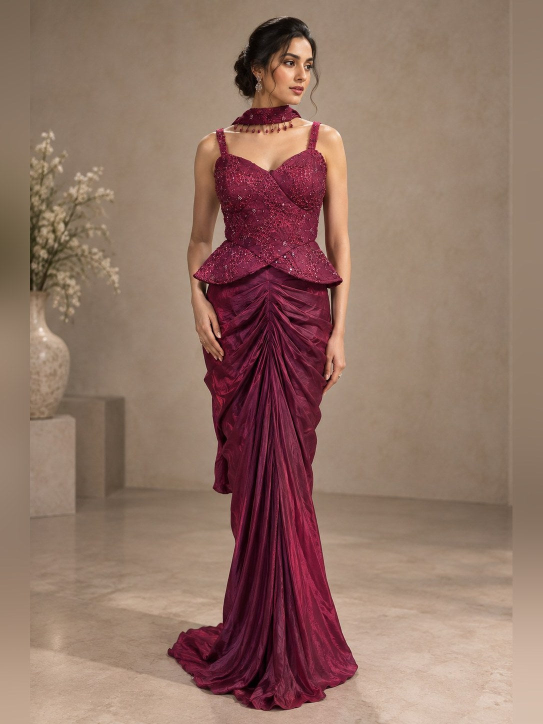 Wine peplum top with gathered draped skirt