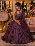 Wine ruffled tiered lehenga with embellished halter blouse