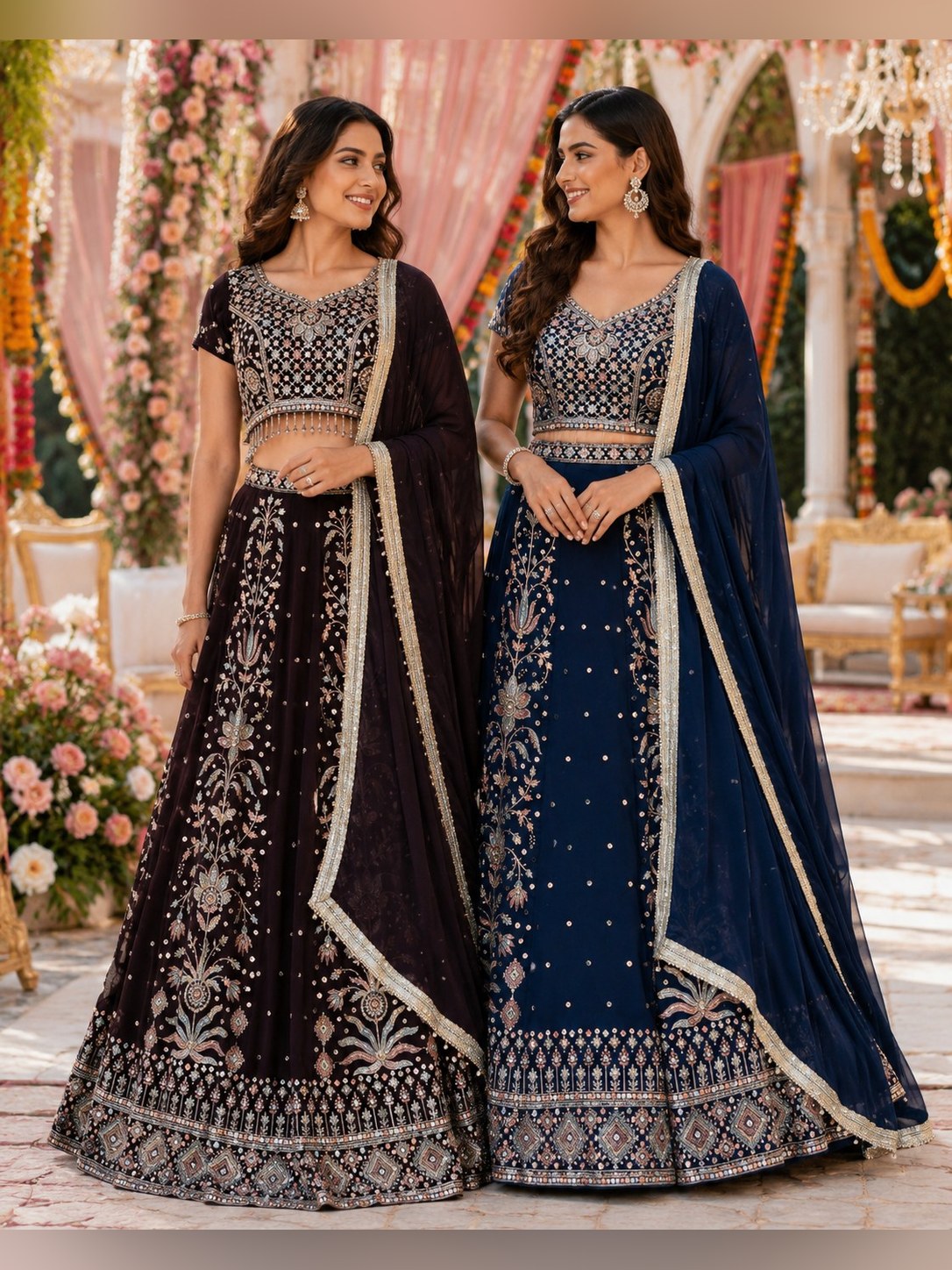 Zari panel lehenga shown in wine and navy colourways